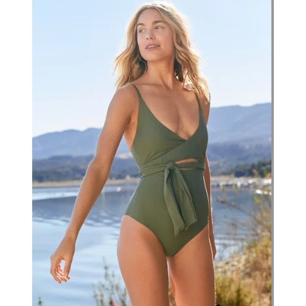 Aerie Olive Green Wrap Front One Piece Swimsuit XL Long Ribbed Full Coverage